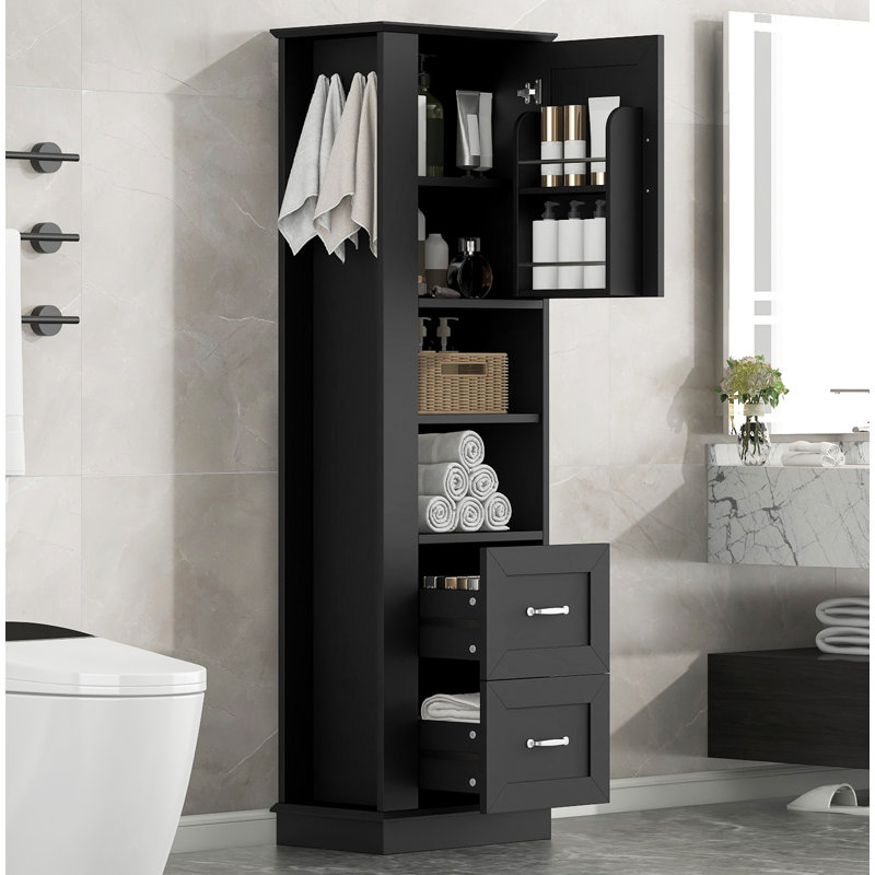Grande armoire de rangement pour salle de bain, armoire de rangement autoportante avec crochet et tablette réglable, panneau de fibres à densité moyenne, noir, armoire de porte supérieure avec tablette intégrée et deux tiroirs inférieurs