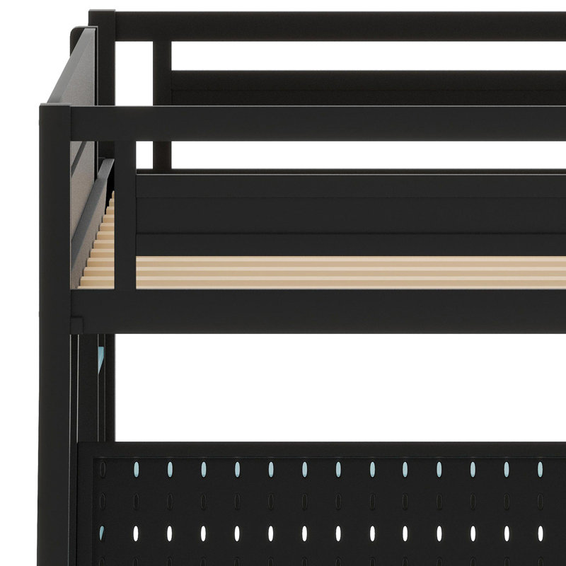 Système de lit superposé à double bureau avec connectivité USB et configuration de panneau perforé personnalisable, Bleu