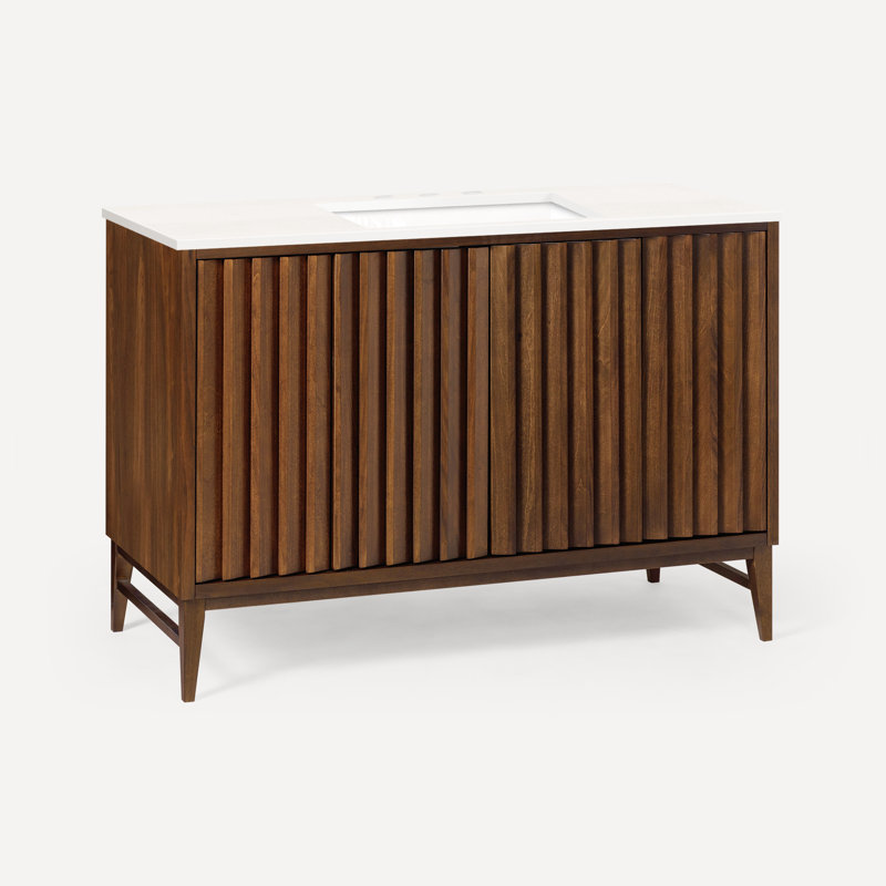 Meuble-lavabo 48 po avec comptoir en pierre de quartz Sinca, Zeus extrême blanc, Noyer, Trois trous