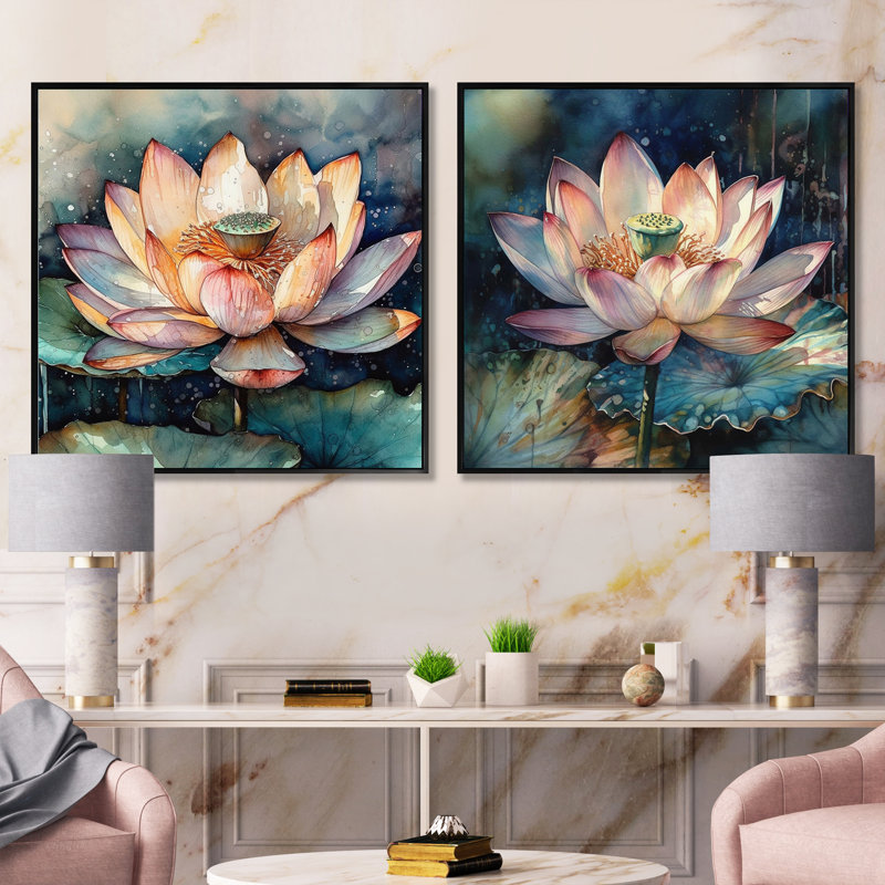 Orange Lotus Floral Dreams - lot de 2 lotus carrés, Cadre flottant noir, H 16 po x l 33 po