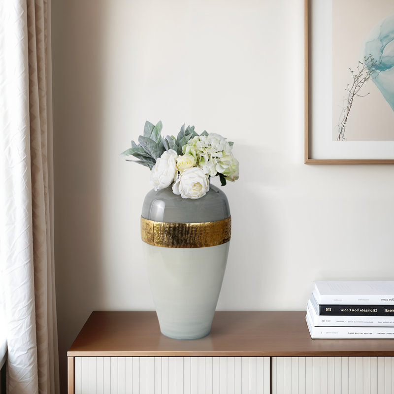 Decorative Glass Vase with Textured Metal Band Accent for Home Decor - Talll Flower Vase Design Feature for Living Room Table Style - 21", White & Gold