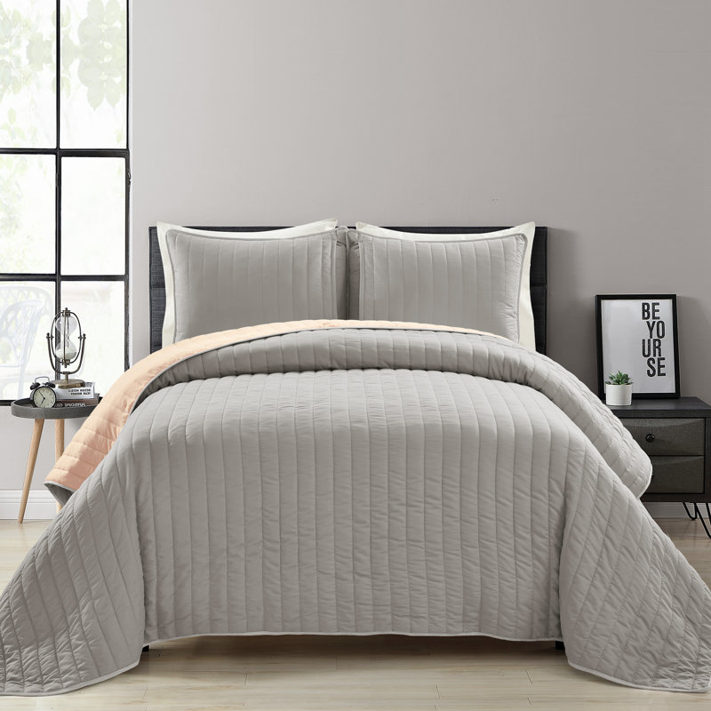 Reyna Soft All Season Reversible Quilt Set, Full/Queen, Soft Rose/Light Gray