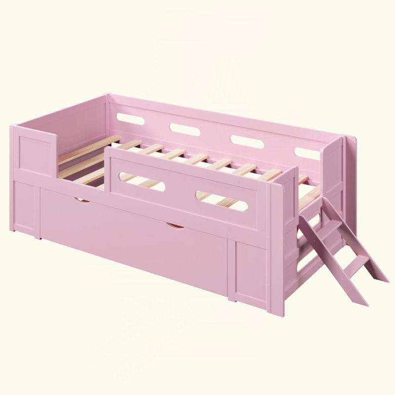 Lit plateforme en bois avec garde-corps et tiroir, Lit simple, Rose