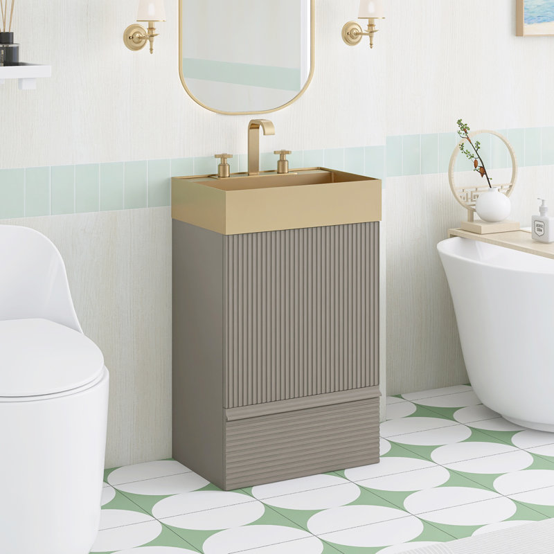 Meuble-lavabo autoportant de 20,1 po avec plateau en acier inoxydable, Beige gris