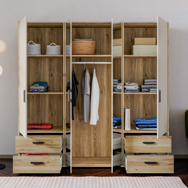 Rajish Modern wardrobe with 4 doors, 4 drawers, mirror, clothing rail and shelves, engineered wood, warm oak decor/beige, 205.9 cm W x 200.1 cm H x 52.7 cm D