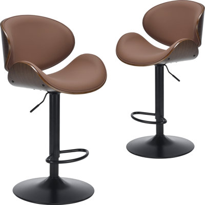 Ensemble de 2 tabourets de bar pivotants en bois cintré à hauteur réglable avec siège, dossier et repose-pieds en similicuir, comptoirs de cuisine modernes pour bar, salle à manger