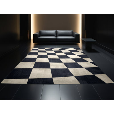 Tapis à carreaux rétro gris lavable à la machine Pantelis