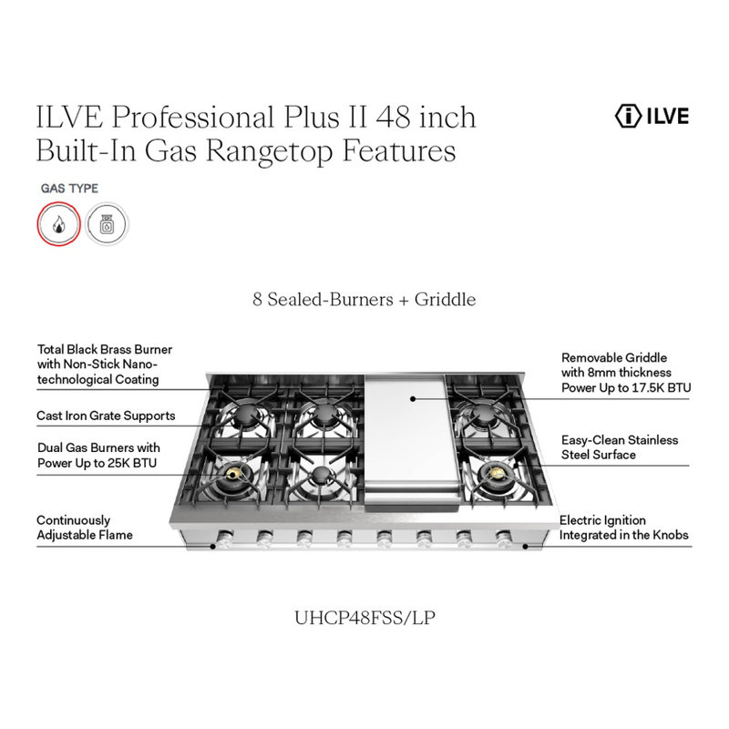 ILVE Professional Plus II 48 inch Built-In Gas Rangetop with Griddle, in Stainless Steel, Natural Gas