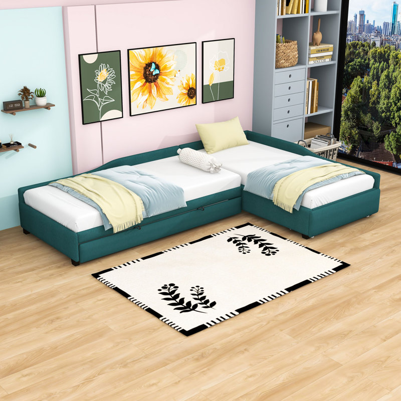 Double Twin Size Upholstered Daybed with Twin Trundle and Drawer, Green