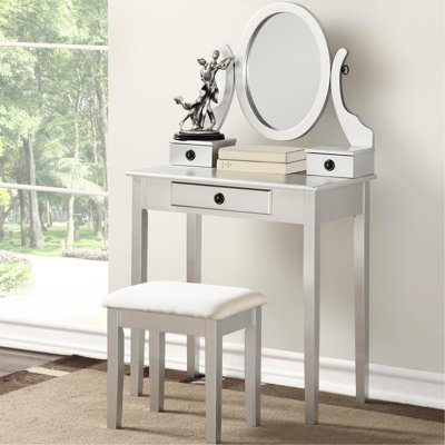 Coiffeuse à maquillage en bois argentée - rangement à 3 tiroirs, miroir réglable, complément à la table et au tabouret, compartiments de rangement, miroir ovale