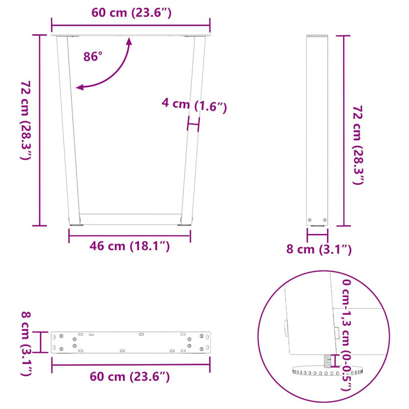Dining Table Legs V-Shape 2 Pcs Steel, 73.3cm H x 60cm W, White
