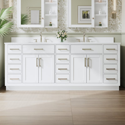80" W x 35" H Freestanding Bathroom Solid Wood Vanity With White Cultured Marble Countertop And Ceramic Double Sink,White
