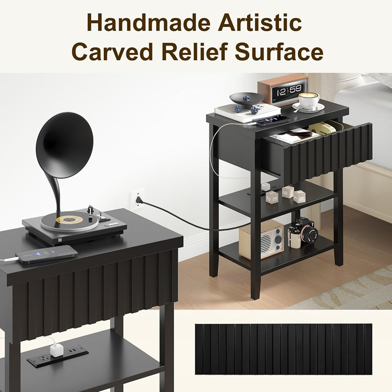 Table de chevet cannelée étroite - Ensemble de 2 - Tables de chevet modernes avec tiroir, tablettes de rangement et station de charge [Noir]