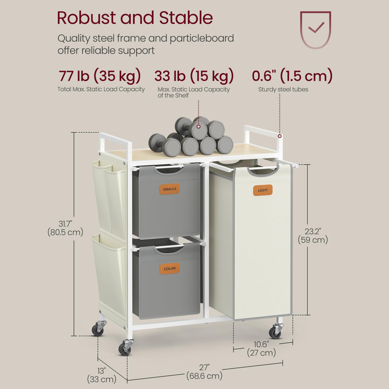 Rolling Laundry Hamper with Handles, Dove Grey