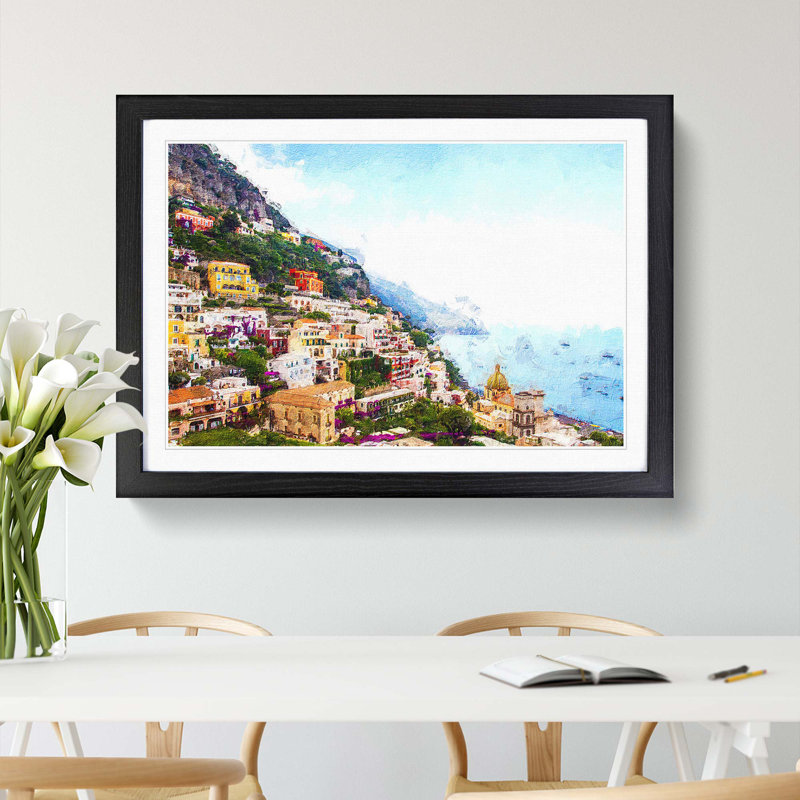Positano on the Almalfi Coast in Italy - Picture Frame Painting Print on MDF, 36cm H x 48cm W x 2cm D, Black Framed