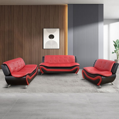 3 Piece Leather Sofa Set, Modern Living Room Furniture With 3-seater Sofa, Loveseat & Armchair,contemporary Couch Set For Home Decor,minimalist Style by Ivy Bronx