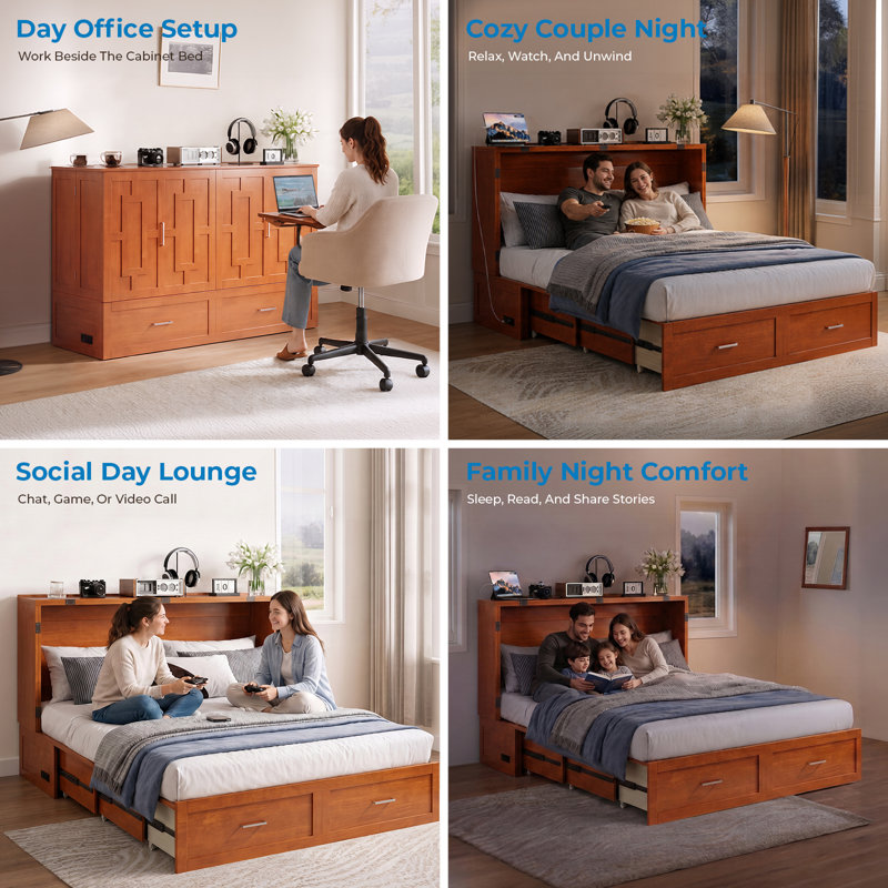 Grand lit escamotable moderne avec tiroir de rangement et station de charge USB pour chambre à coucher, chambre d'amis, Brun