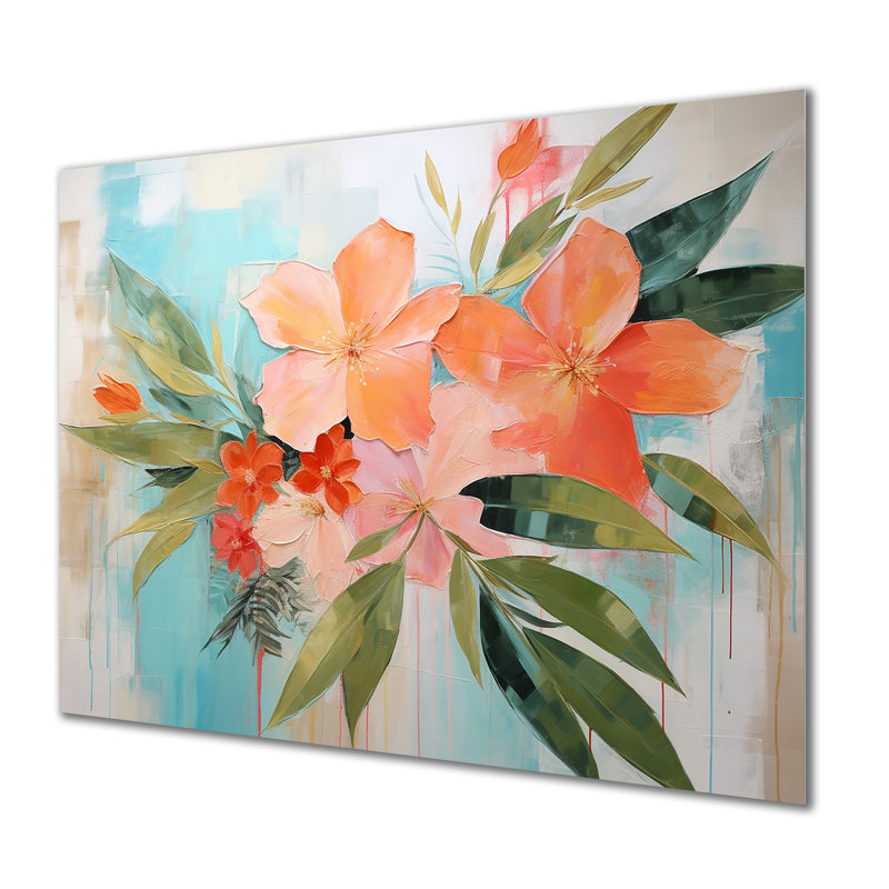 Art moderne moderne rose et vert fleurs tropicales - Collages abstraits en métal, H 16 po x l 32 po x P 1 po