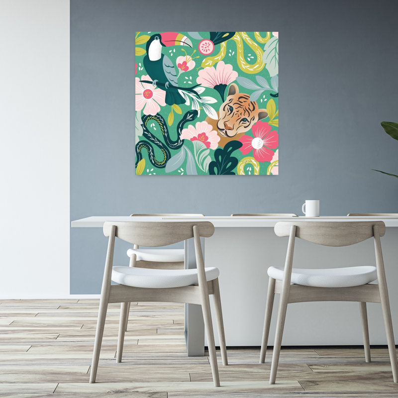 Lush Life, motif abstrait, oiseau, chat, serpent, fleur tropicale, art, H 32 po x l 32 po