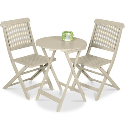  3-Piece Acacia Wood Bistro Set, Folding Patio Furniture W/ 2 Chairs, Table - Cream