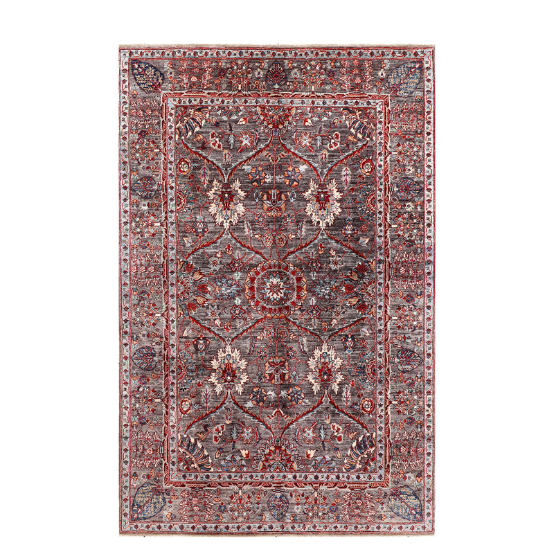 Tapis rouge / gris en laine noué à la main de conception unique 5 pi 10 po x 9 pi 1 po