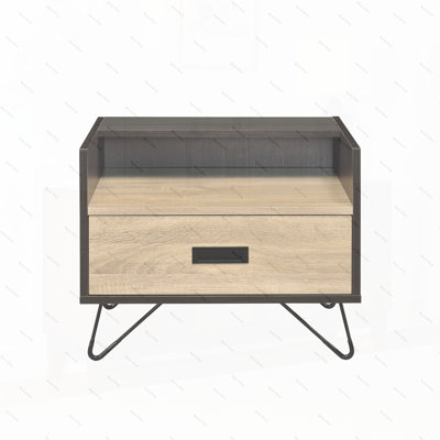 Oak and Black Nightstand with 1 Drawer