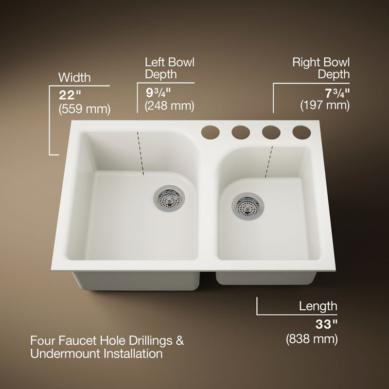 Executive Chef 33" L x 22" W Undermount Kitchen Sink with 4 Oversize Faucet Holes, Biscuit
