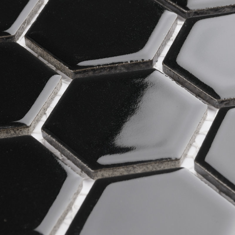 Hudson Due 2" Hex Glossy Black 10-7/8" x 12-5/8" Porcelain Mosaic Floor and Wall Tile