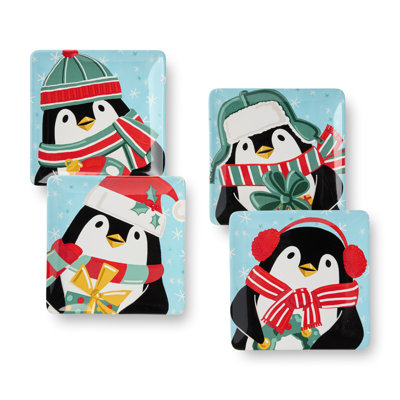 Christmas Whimsy Penguin Dessert Plates Set of 4, 8.5" Square Ceramic Holiday Plates with Cute Penguin Designs, Festive Christmas Cookie or Snack Plates, Winter Party Serveware