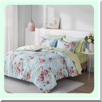 Trendy Comforter Set with Side Pocket - Floral Blue 9 Piece Bedding Bundle - Cozy All Season Cover with Matching Shams - Full Size Natalie Design