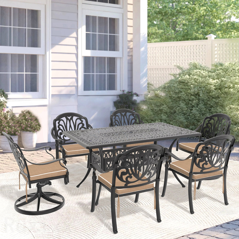 Ensemble de salle à manger 7 pièces en fonte d'aluminium toutes saisons comprenant 2 chaises pivotantes, 4 chaises et une table rectangulaire avec cadre noir