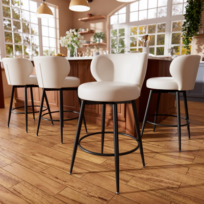 Bar Stools Set of 2, 26 Inch Barstools with Sturdy Legs, White Leather Farmhouse Swivel Counter Height Bar Stool for Kitchen, Dining, Bar
