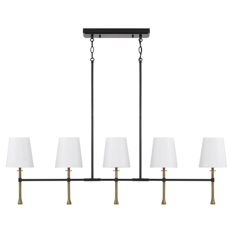 48" W x 18.75" H 5-Light Linear Chandelier in Matte Black with Textured Hammered Gold Tails and White Fabric Shades