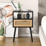 Forevich Rattan Nightstands End Side Table With Charging Station Natural