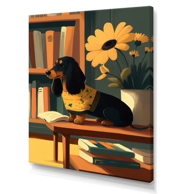 Adorable teckel avec un chandail jaune sur une chaise sur toile