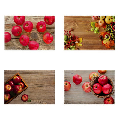 4 pièces / ensemble de napperons de pommes rouges imprimés de lin en polyester résistant aux taches de chaleur pour la cuisine, décor de salle à manger 30 x 45 cm / 11,8 x 18 po
