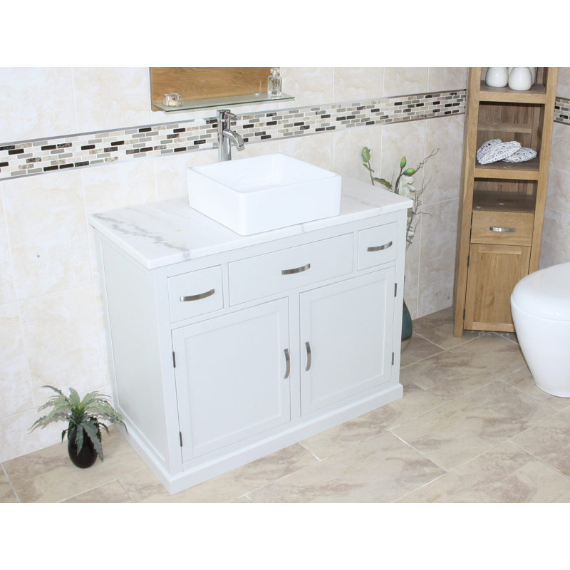 Roder 1000mm Single Bathroom Vanity with Vessel Ceramic Basin, White Marble, Grey