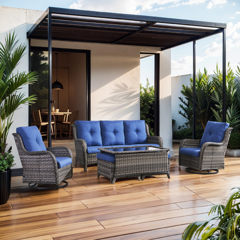 Bonia Wicker 5 - Person Patio Conversation Set with Cushions, Gray Frame/Blue Cushion
