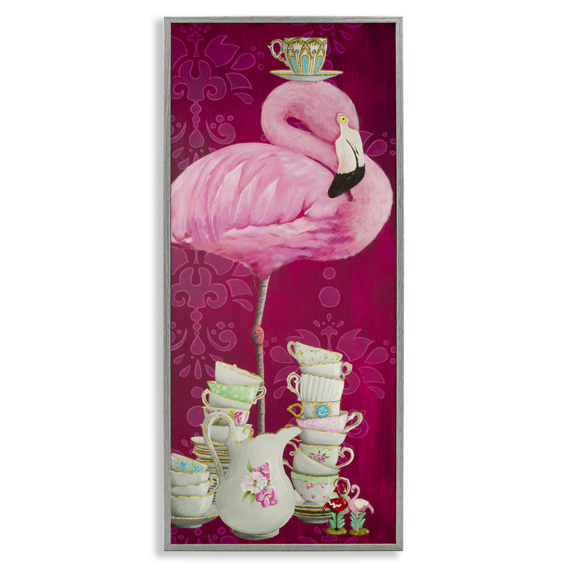 Flamant rose avec tasses à thé giclées, Estampe numérique Farmhouse, H 24 po x l 10 po