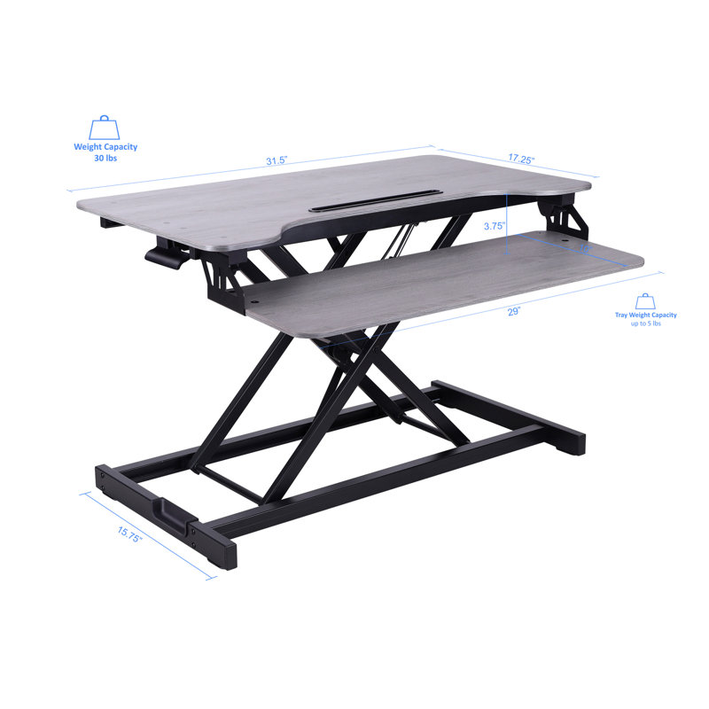  31.5 in. Gray Standing Desk Converter Dual Monitor Riser with Tablet Mount and Deep Keyboard Tray for Laptop Setup