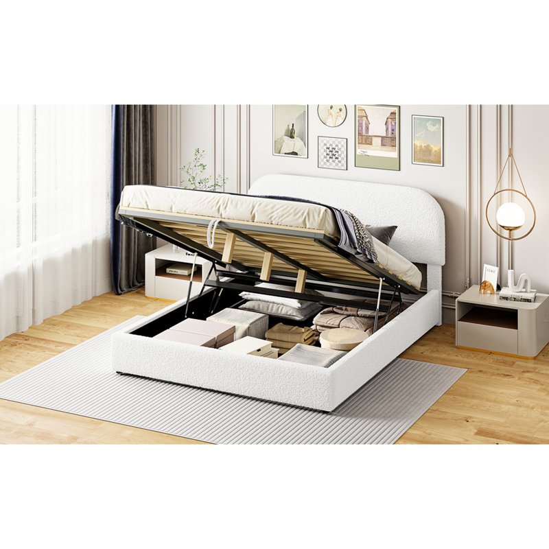 Lit tapissier hydraulique blanc avec rangement pour grand lit - plateforme en molleton avec revêtement élégant, Grand lit