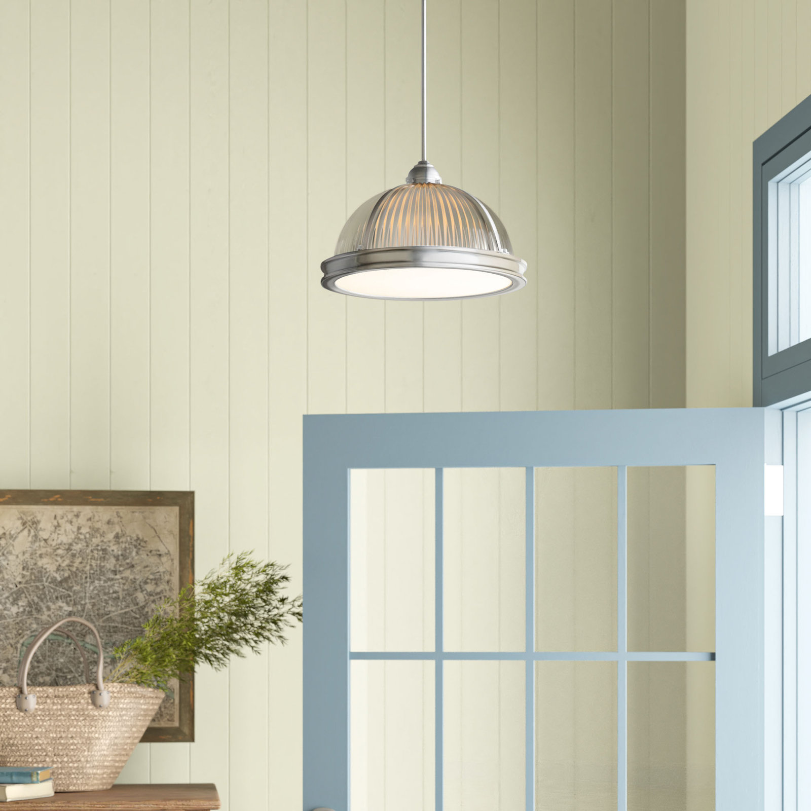 Ainsley 3 Light Ribbed Glass Dimmable Pendant, 75 W A-19 Medium, Brushed Nickel