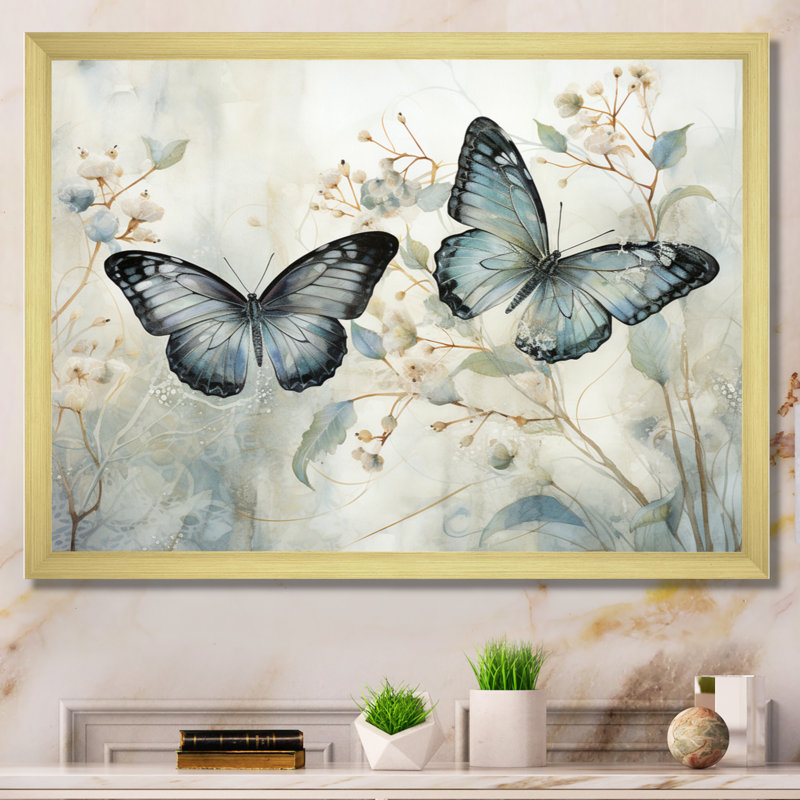 «Blue Beige Butterfly Wings Of Serenity», art sur toile papillon, H 12 po x l 20 po, Cadre photo unique, Doré