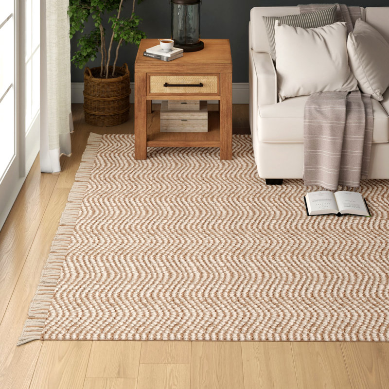 Kazunori Chevon Handmade Flatweave Tasseled Jute Beige Rug, Rectangle 8'6" x 11' 6"