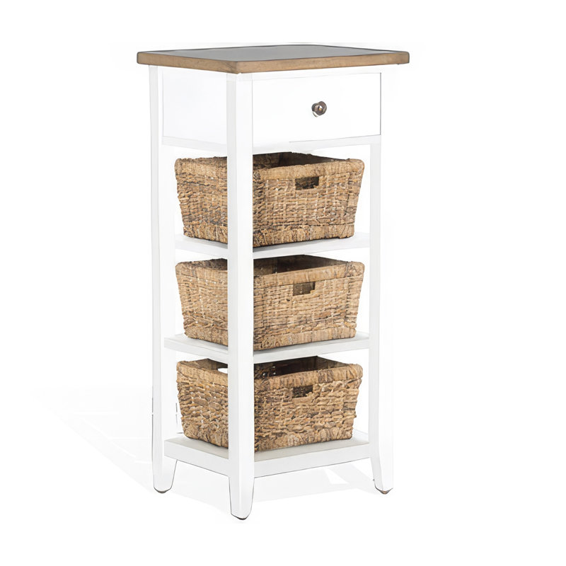 Table de bout avec 3 paniers en rotin brun naturel Livy, Blanc