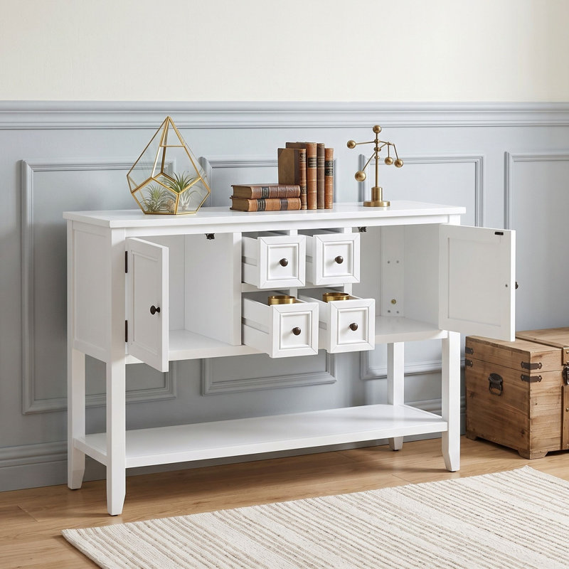 Console avec tiroirs, armoires et tablette inférieure, Blanc