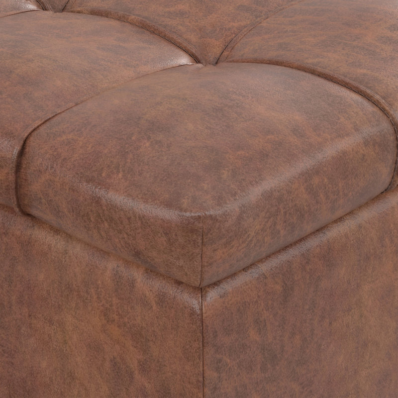Banc repose-pieds rectangulaire avec rangement capitonné en cuir végétalien 33 po Sienna, Cuir brun