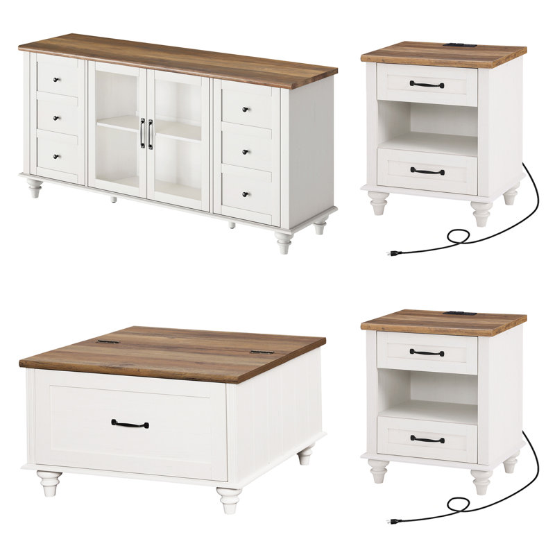4 Piece Living Room Table Set - Includes Modern Coffee Table With Lift Top, Glass Door TV Stand For 65 Inch TV, Set Of 2 Side End Tables With Charging Station & Shelf, Off White