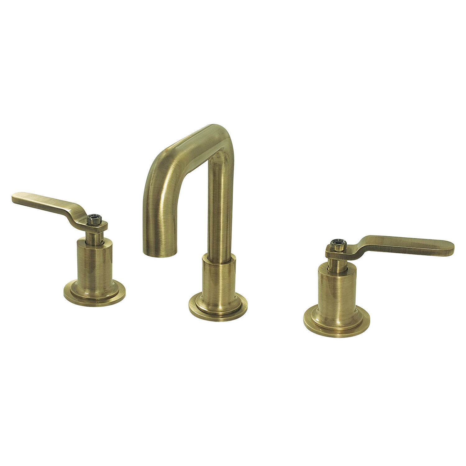 Kingston Brass Whitaker Two-Handle 3-Hole Deck Mount Widespread Bathroom Faucet with Push Pop-Up Drain, Antique Brass