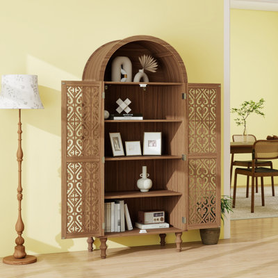 Arched Storage Cabinet With Symmetric Carved Doors, Adjustable Shelves & Magnetic Closure – Perfect For Living Room, Kitchen, Dining & Study